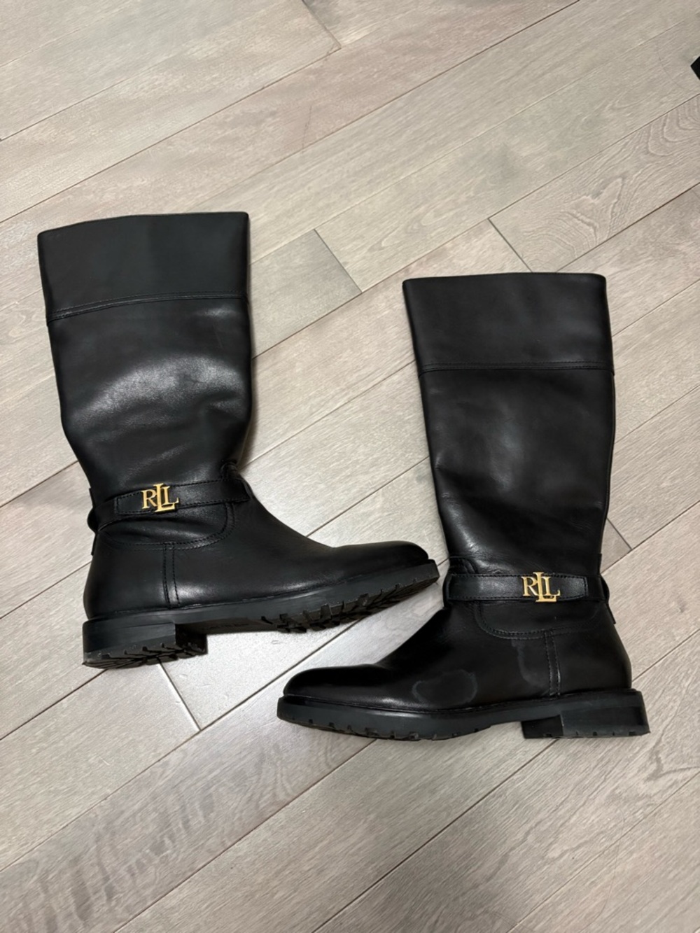 Ralph Lauren Black Leather Knee-High Boots with Gold RL Hardware